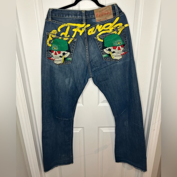 Y2K Super Rare Ed Hardy Army Skull Denim Jeans Christian Audigier Men Size 33 - Picture 4 of 16